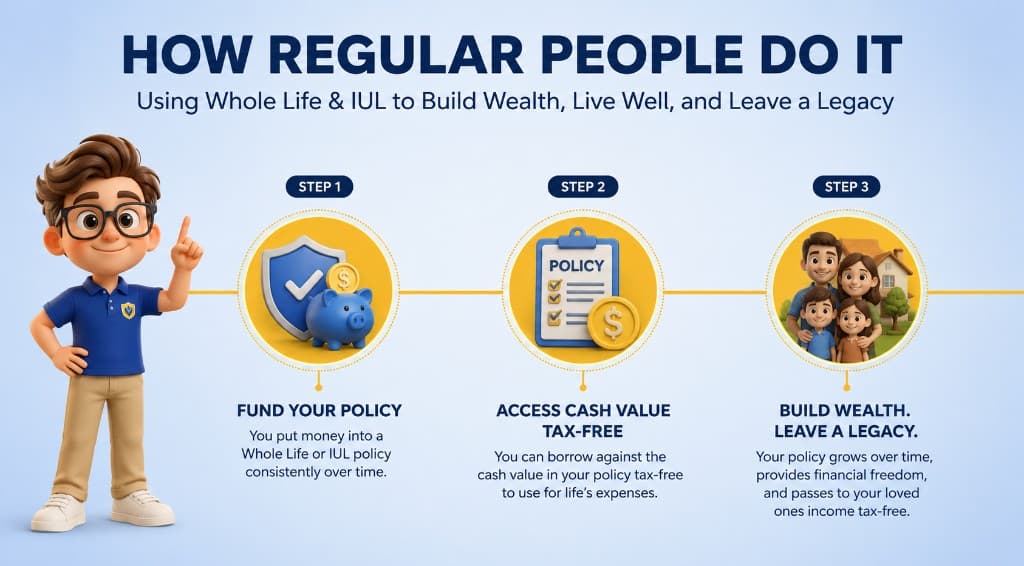 Buy borrow die strategy using whole life and IUL in three steps: fund your policy consistently, access cash value tax-free through policy loans, and grow wealth with an income-tax-free death benefit legacy