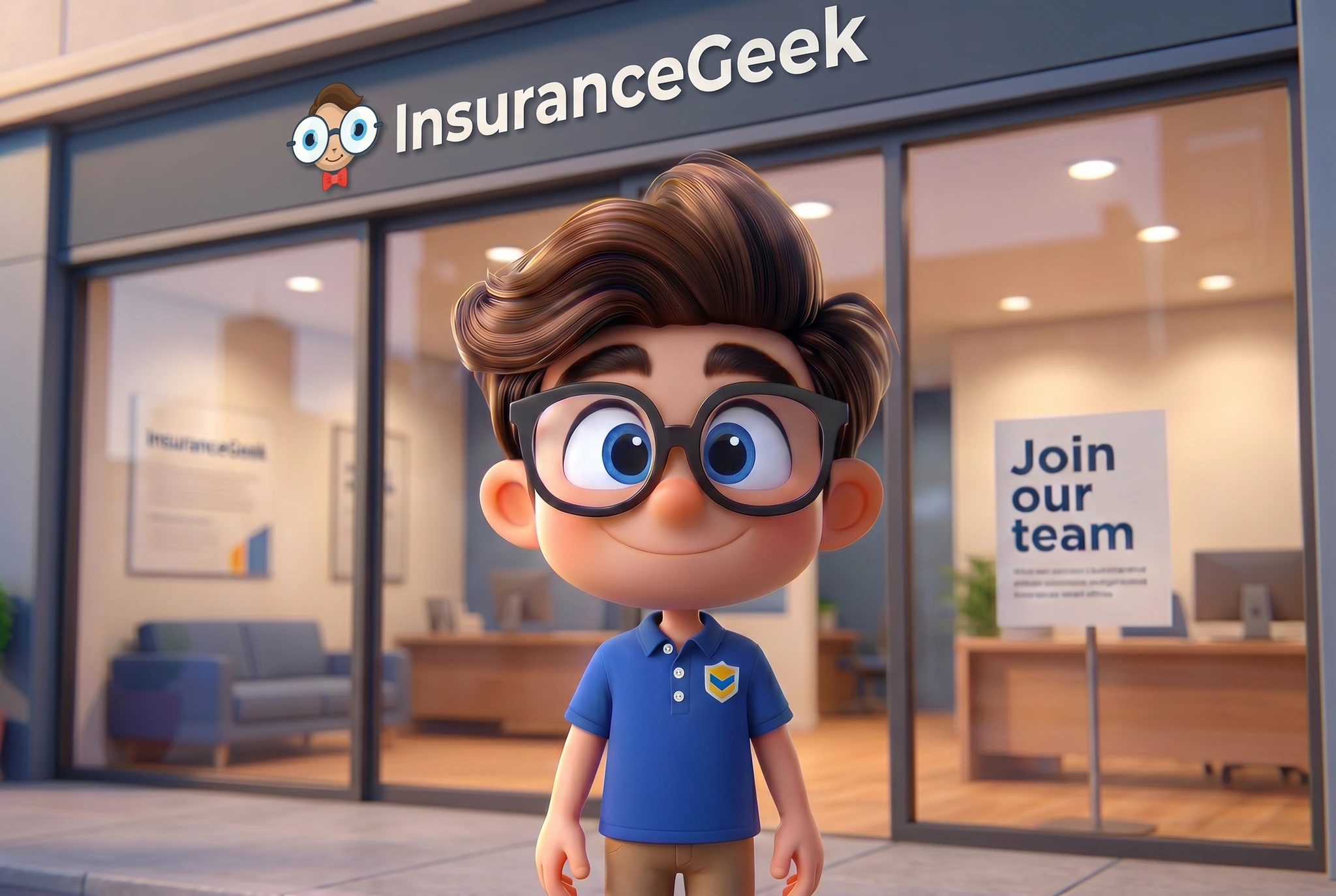 Insurance Geek mascot in front of the Insurance Geek storefront