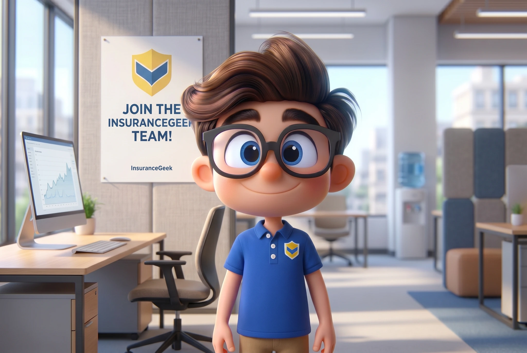 Insurance Geek mascot in office with Join the InsuranceGeek Team poster